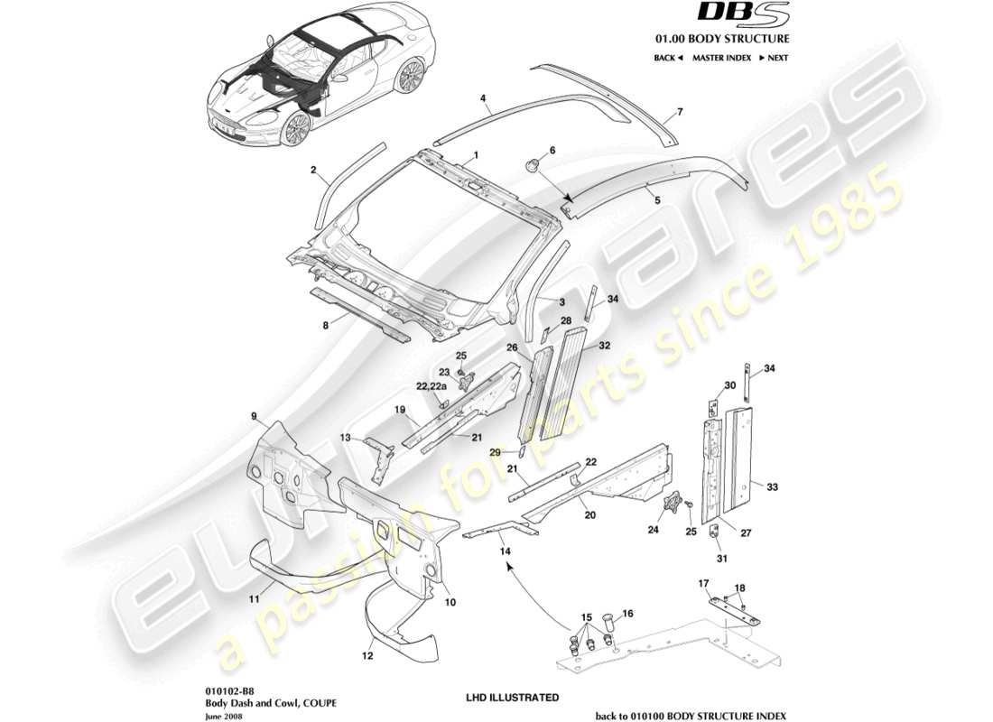 aston martin dbs (2007) body dash and cowl, coupe part diagram