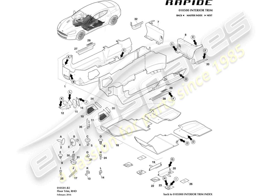 aston martin rapide (2014) main floor trim, rhd part diagram