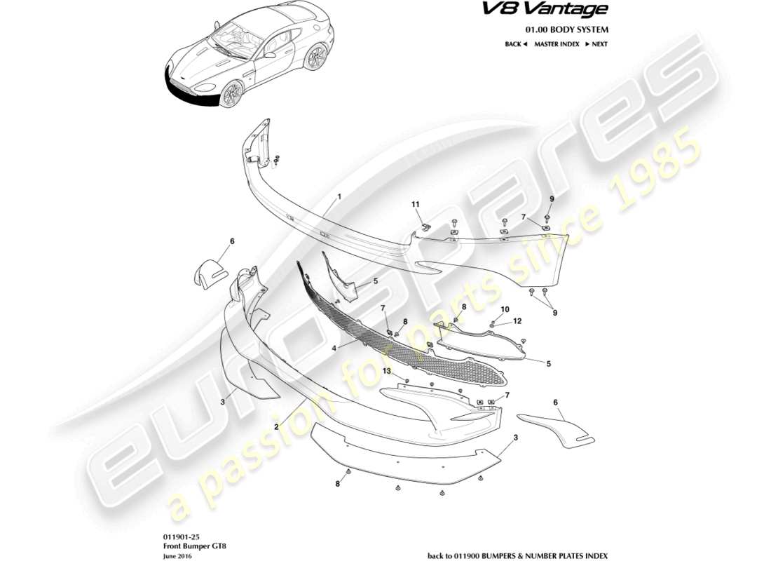 aston martin v8 vantage (2014) front bumper, gt8 part diagram