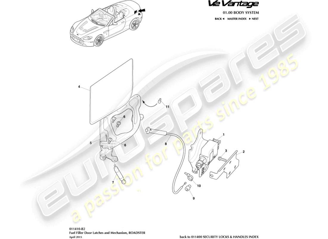 aston martin v12 vantage (2013) fuel filler mechanism, roadster part diagram