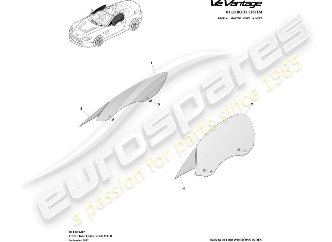 aston martin v12 vantage (2013) door glass, roadster part diagram