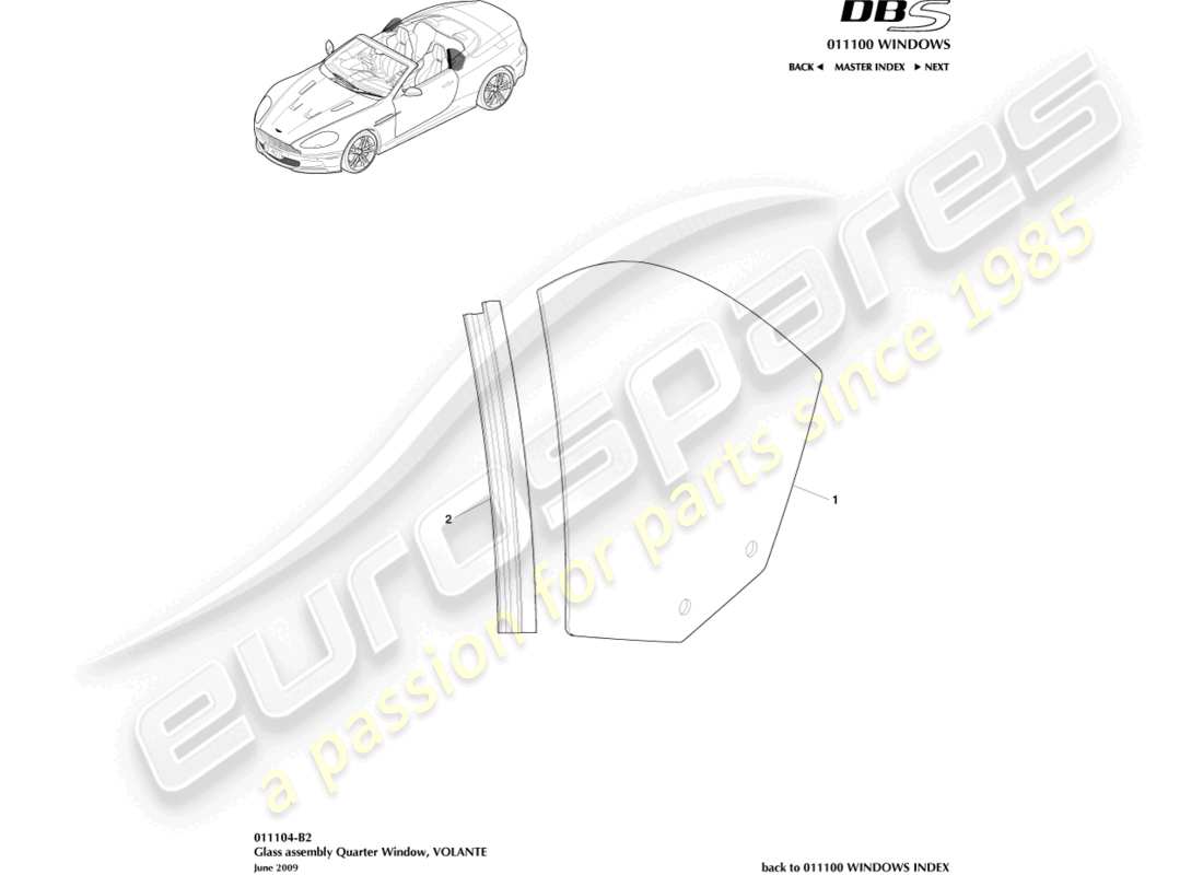 aston martin dbs (2007) rear quarter glass, volante part diagram