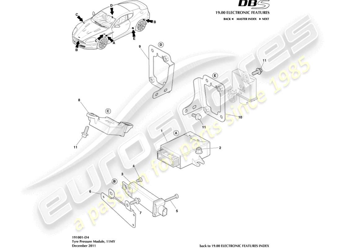aston martin dbs (2007) tyre pressure module, 11my part diagram