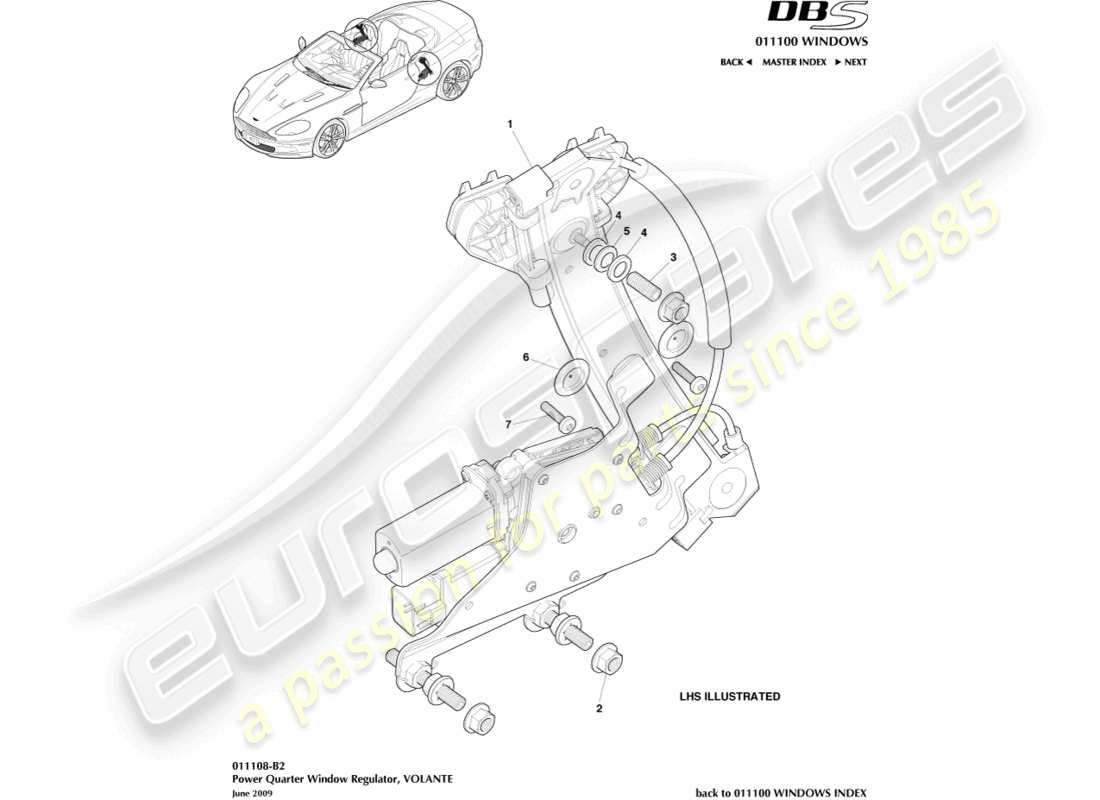 aston martin dbs (2007) rear quarter regulators, volante part diagram