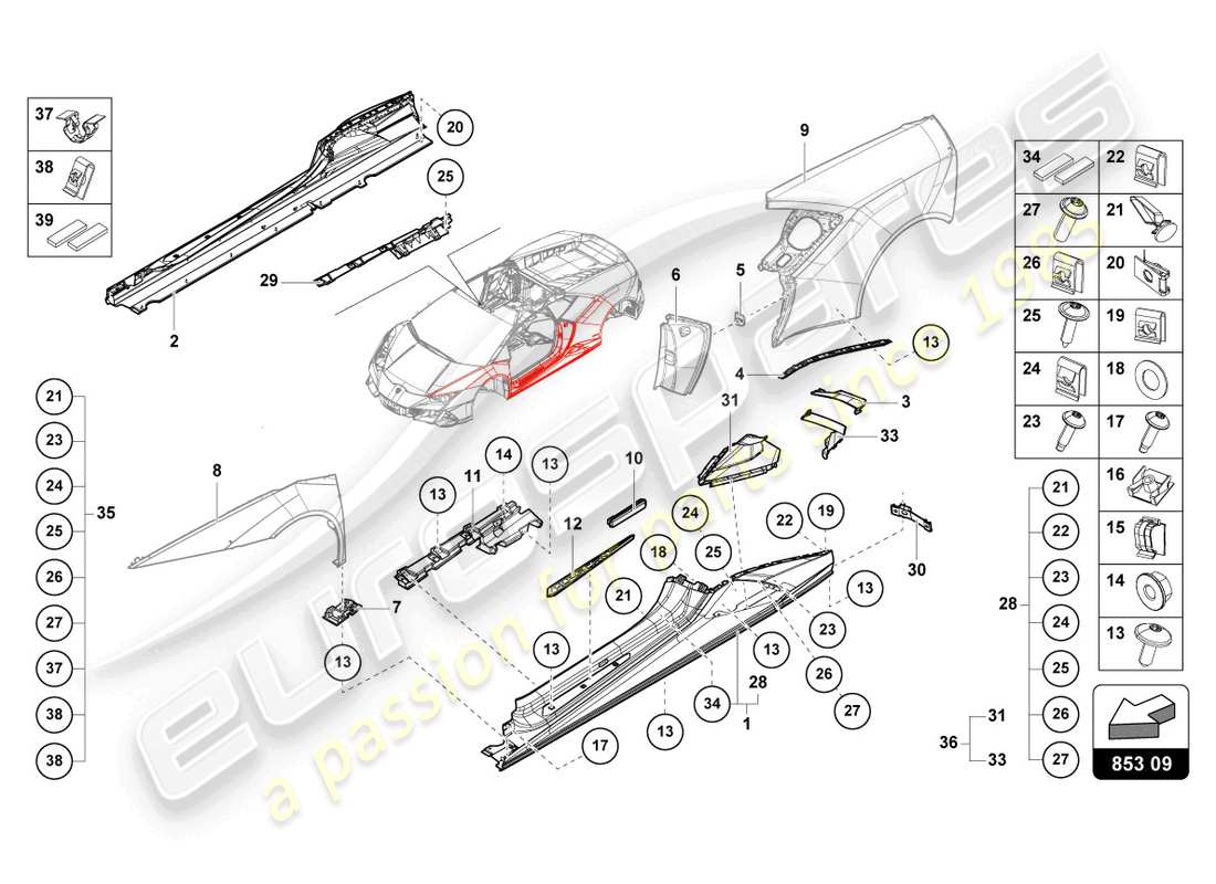 lamborghini 2023 (tecnica) lower external side member for wheel housing parts diagram