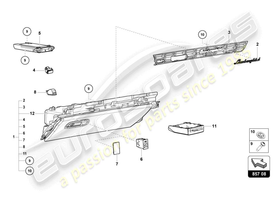 lamborghini 2021 (evo spyder 2wd) glove compartment part diagram