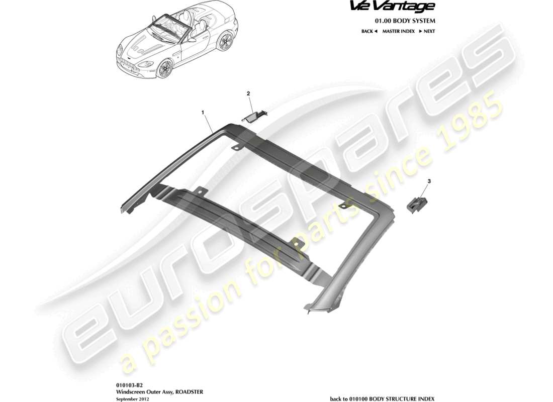 aston martin v12 vantage (2011) windscreen, outer, roadster part diagram