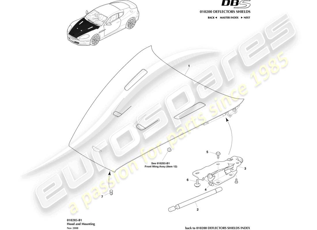 aston martin dbs (2014) bonnet and mounting part diagram