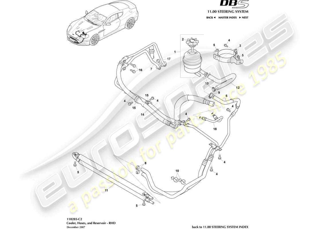 aston martin dbs (2007) cooler, hoses & reservoir, rhd part diagram