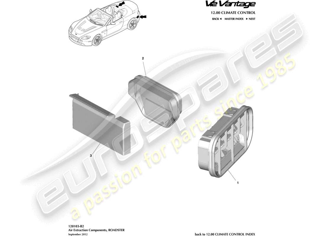 aston martin v12 vantage (2010) air extraction components, roadster part diagram