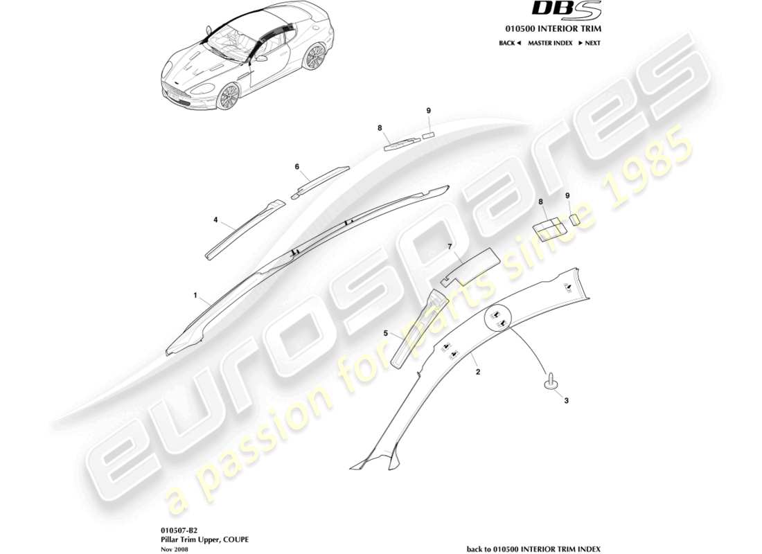 aston martin dbs (2014) pillar trim, upper, coupe part diagram
