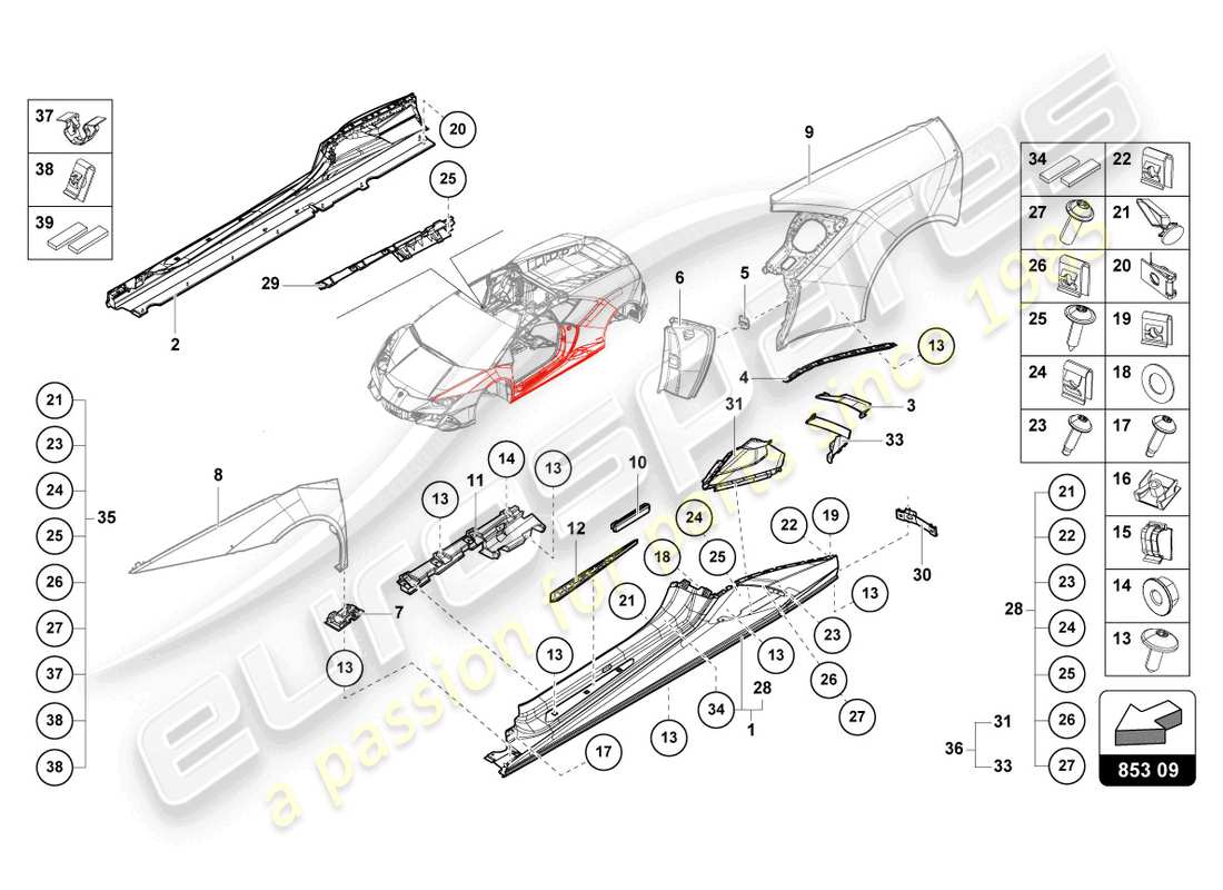lamborghini 2022 (evo spyder 2wd) lower external side member for wheel housing part diagram