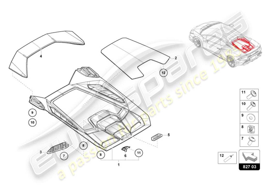 lamborghini 2023 (tecnica) engine cover with insp. cover parts diagram