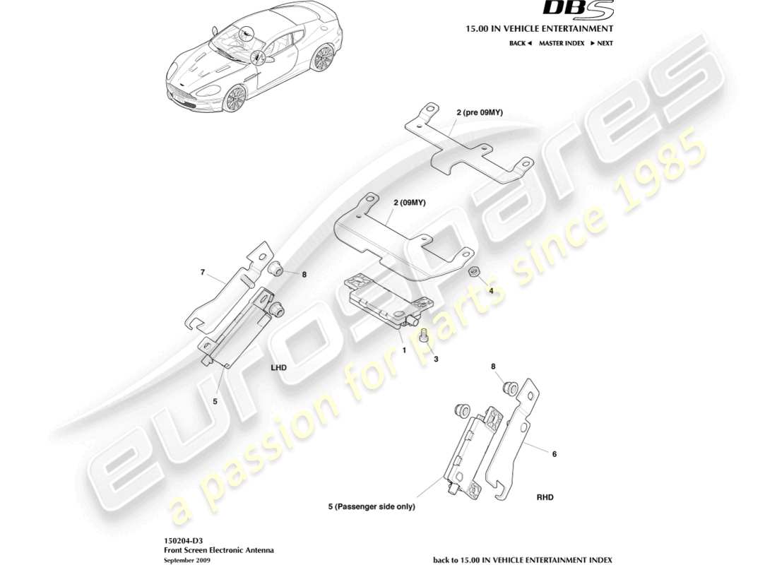 aston martin dbs (2014) electronic antenna, windscreen part diagram