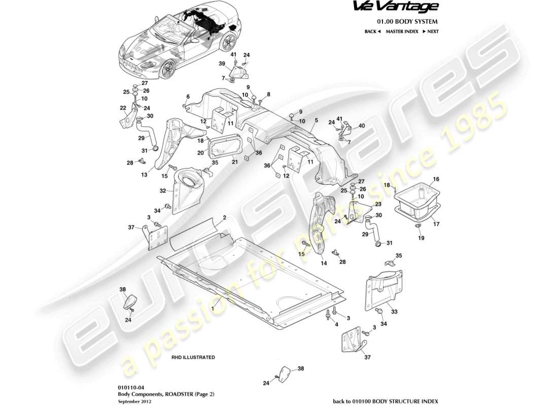 aston martin v12 vantage (2011) body components, roadster part diagram