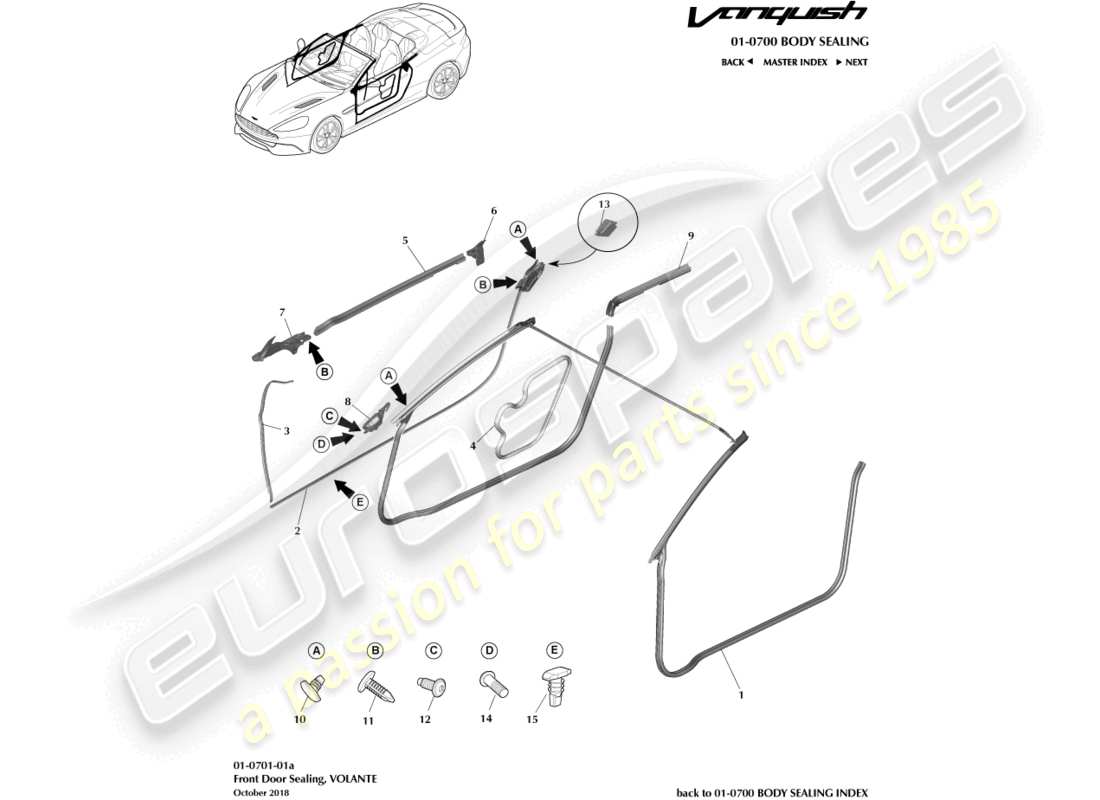 aston martin vanquish (2015) door weatherstrips, volante part diagram