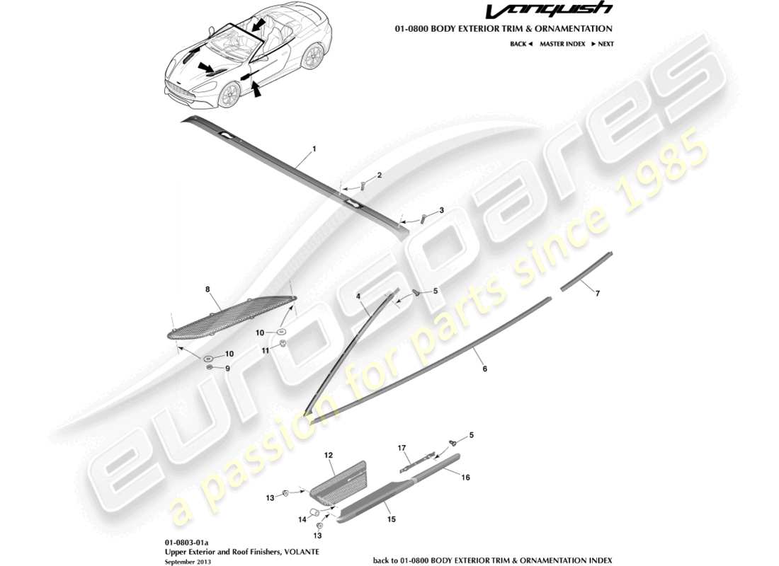 aston martin vanquish (2015) upper exterior finishers, volante part diagram