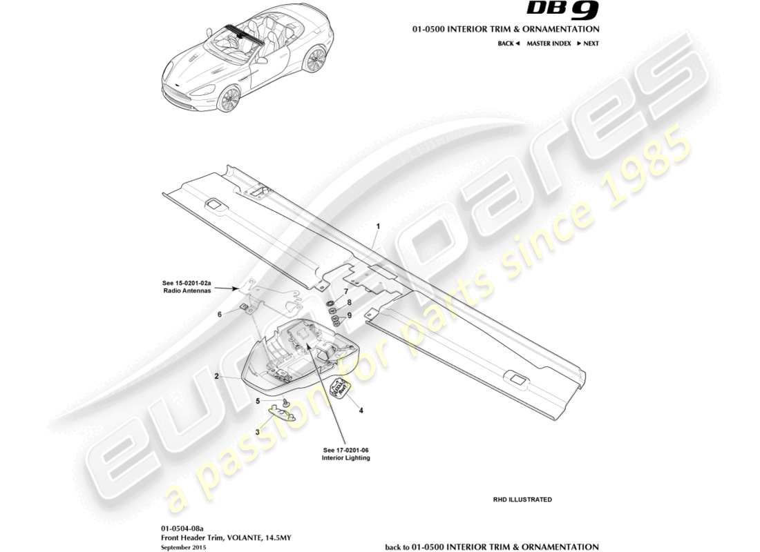 aston martin db9 (2016) front header trim, volante, 14.5my part diagram
