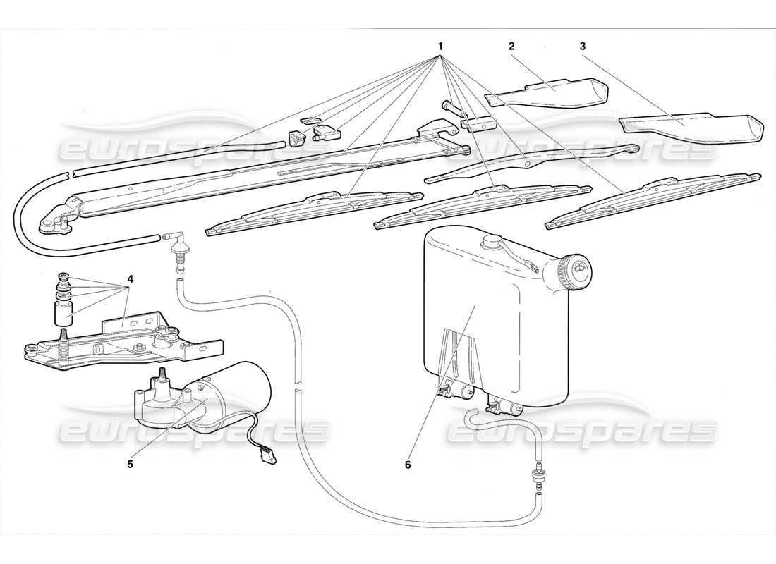 lamborghini diablo se30 (1995) windscreen wiper and headlamp washers (valid for rh d. version - january 1995) parts diagram