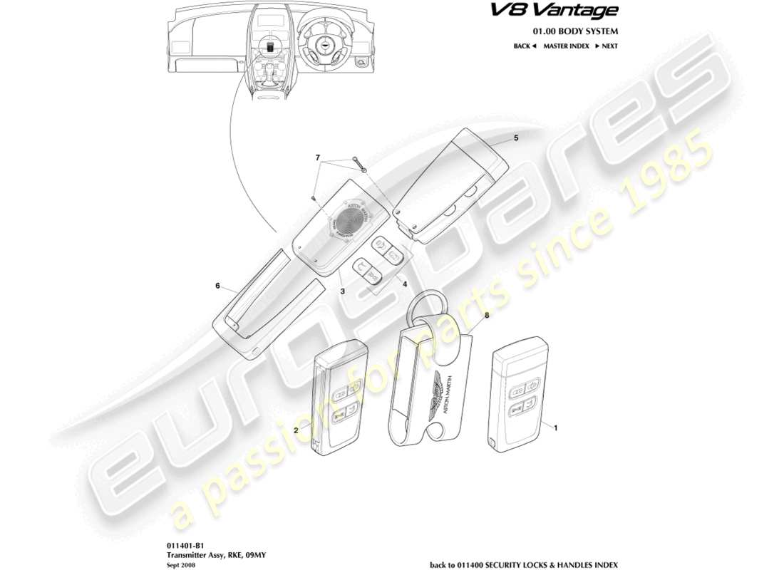 aston martin v8 vantage (2014) transmitter, rke, 09my part diagram