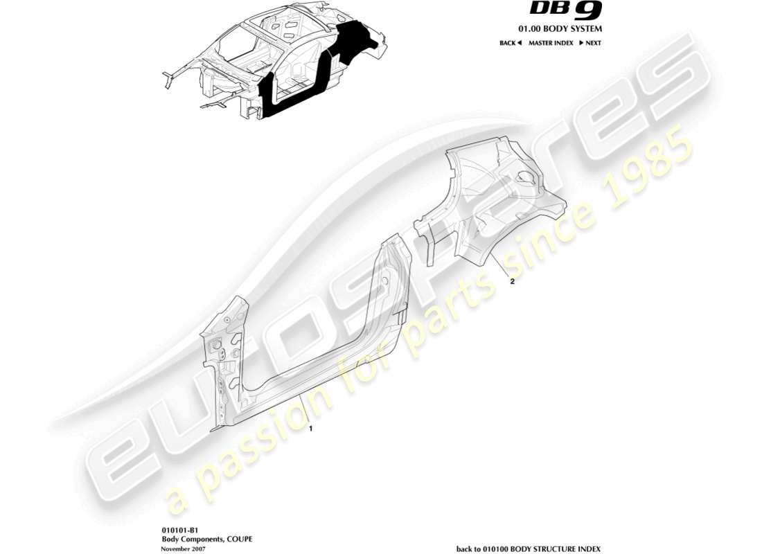aston martin db9 (2007) body components, coupe part diagram