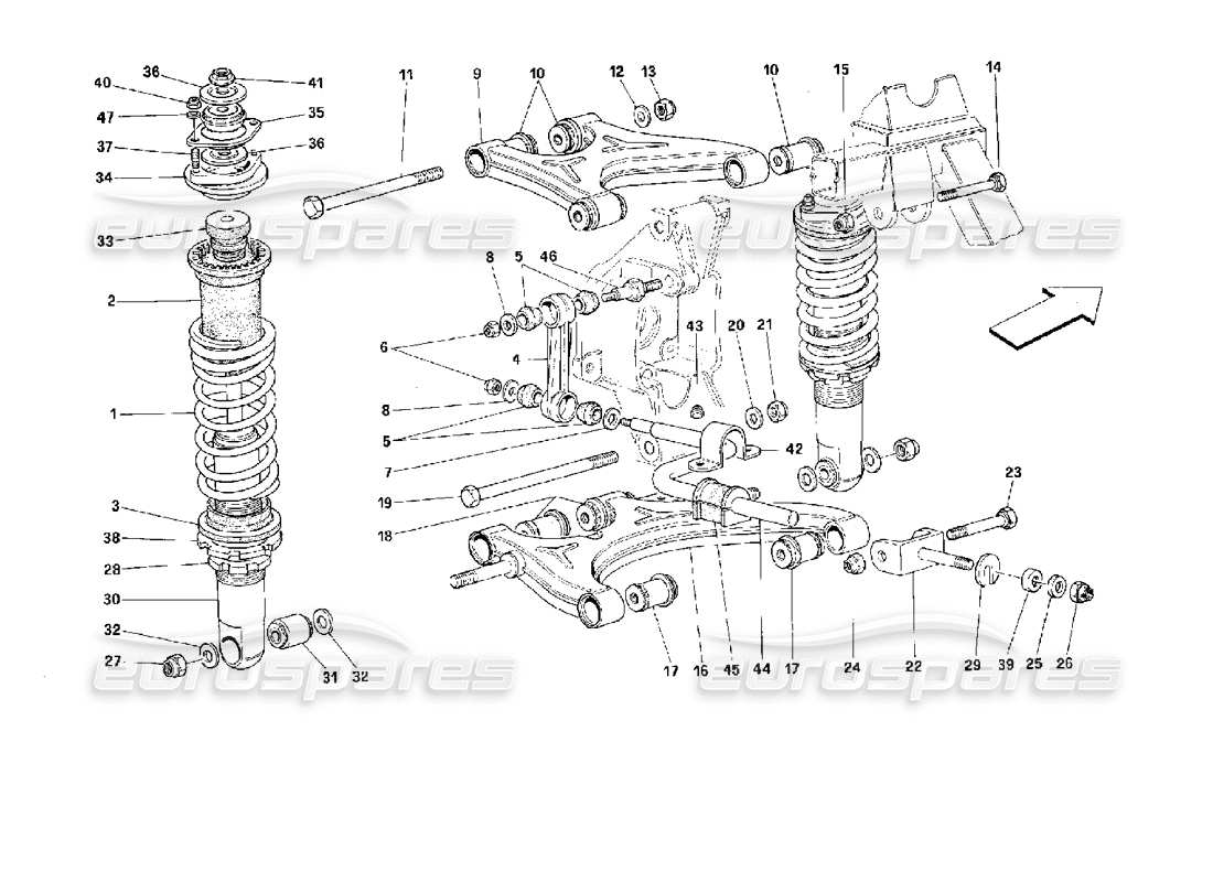 ferrari 512 m rear suspension - wishbones and shock absorber part diagram