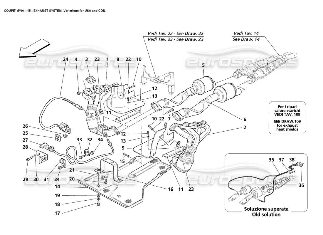 maserati 4200 coupe (2004) exhaust system variations for usa and cdn parts diagram