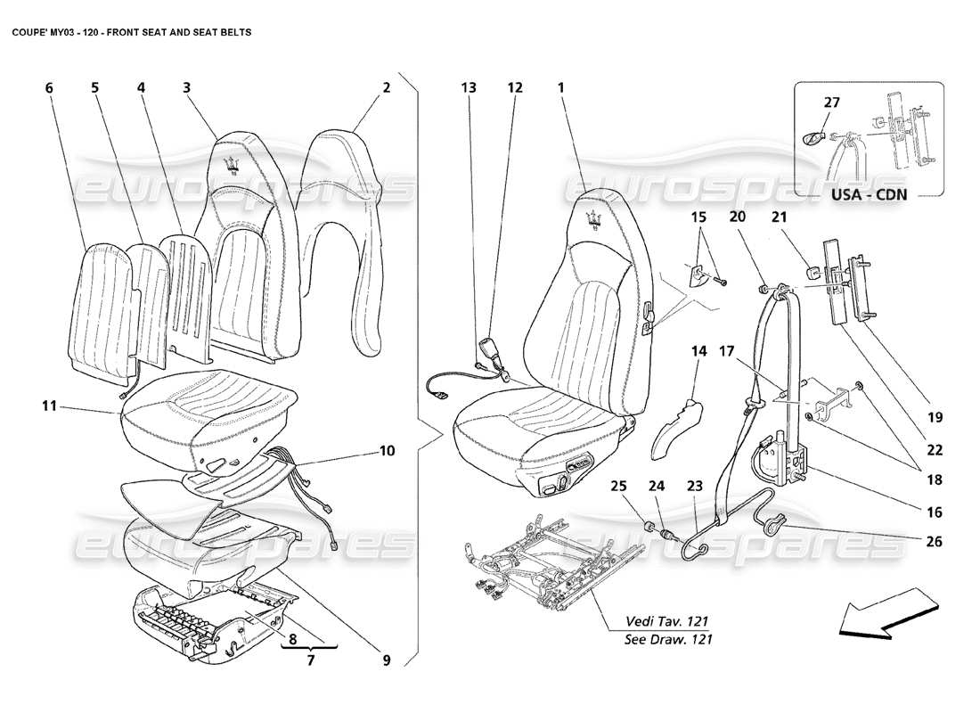 maserati 4200 coupe (2003) front seat and seat belts part diagram