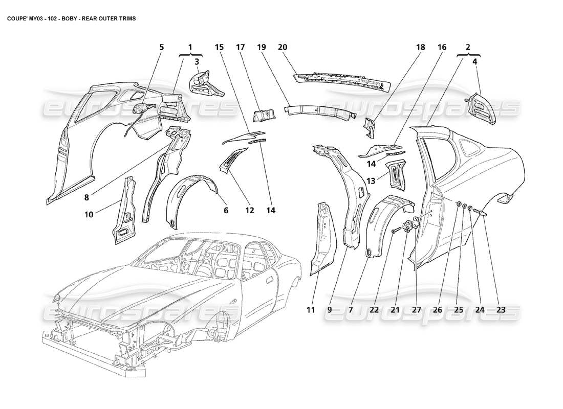 maserati 4200 coupe (2003) body - rear outer trims part diagram