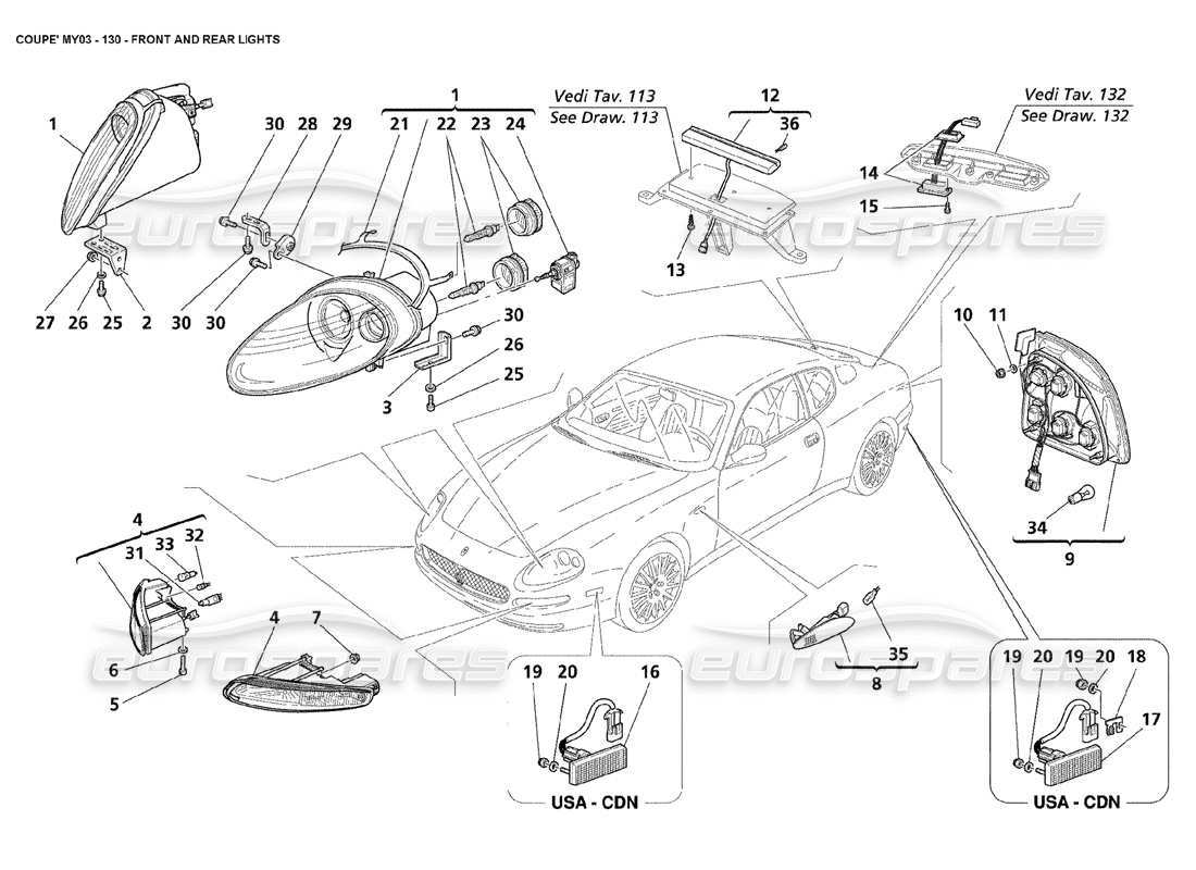 maserati 4200 coupe (2003) front and rear lights part diagram