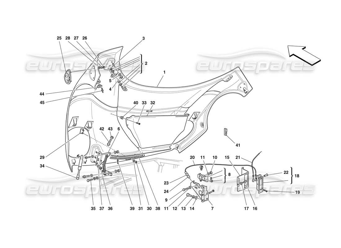 ferrari f50 front hood and opening control parts diagram