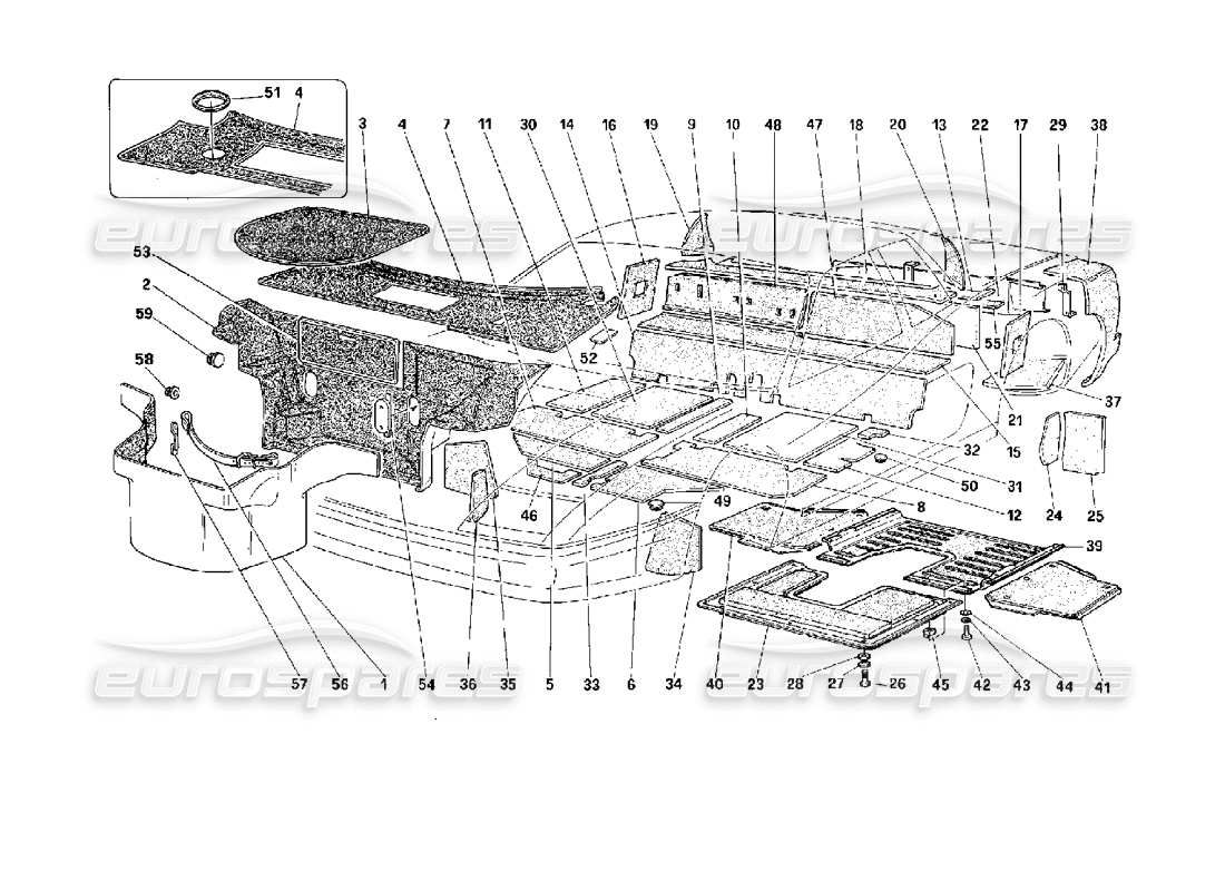 ferrari 512 m carpet for luggage compartment and insulation panels part diagram