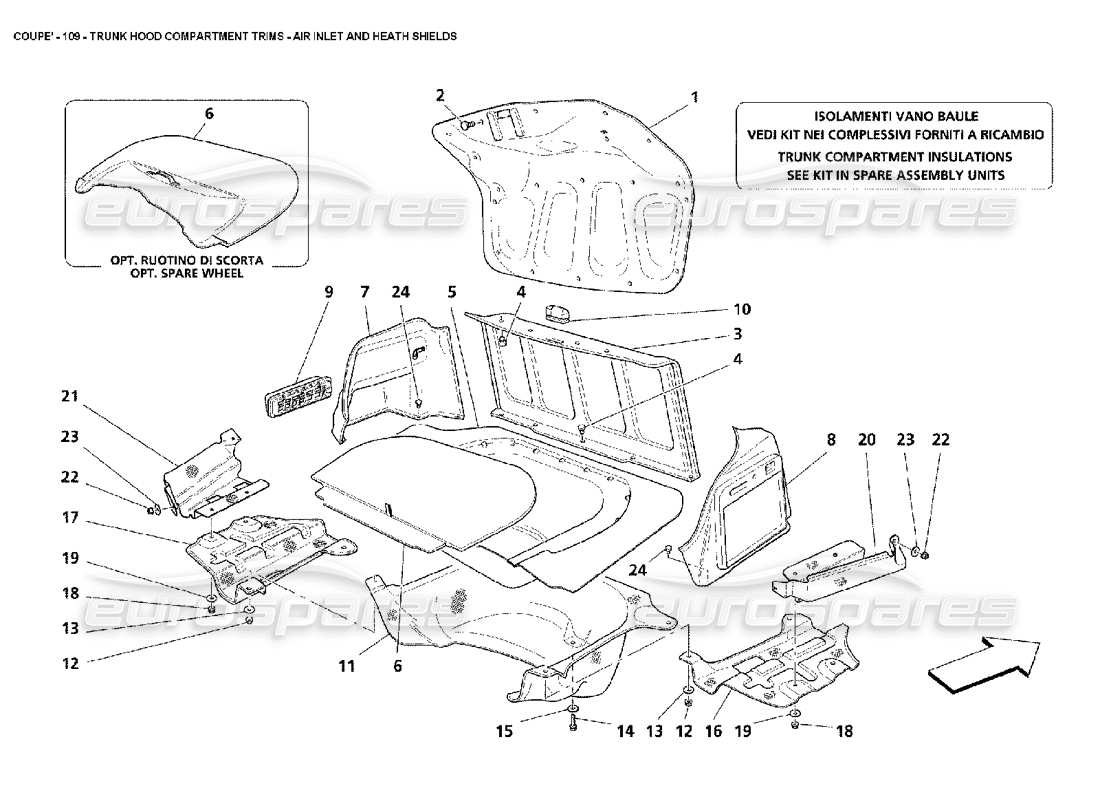 maserati 4200 coupe (2002) trunk hood compartment trims - air inlet and heath shields part diagram