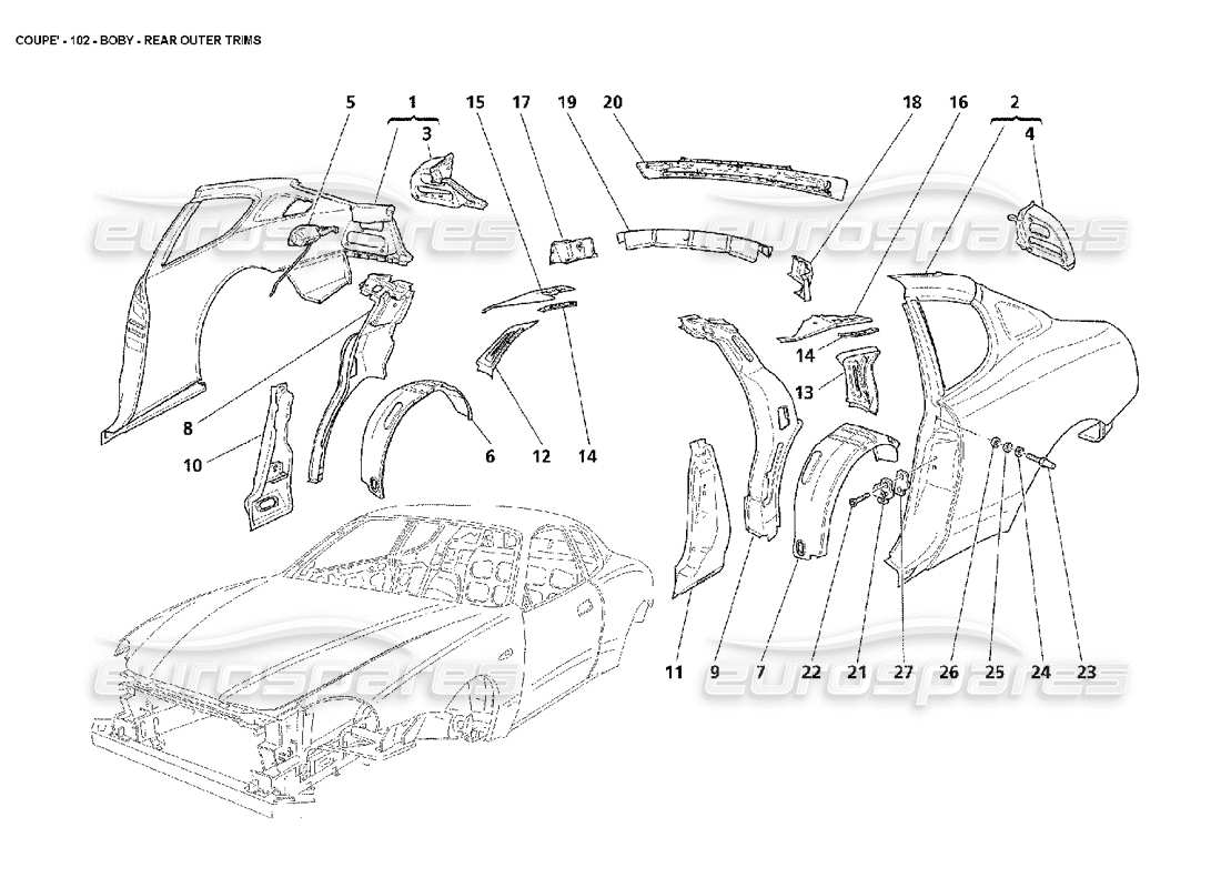 maserati 4200 coupe (2002) body rear outer trims part diagram