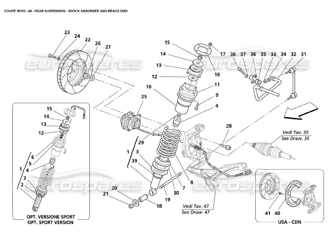 maserati 4200 coupe (2003) rear suspension - shock absorber and brake disc parts diagram
