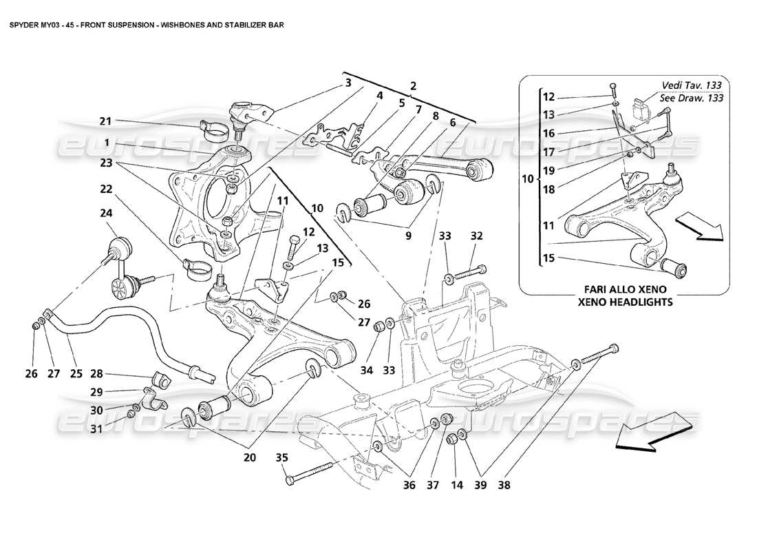 maserati 4200 spyder (2003) front suspension - wishbones and stabilizers parts diagram