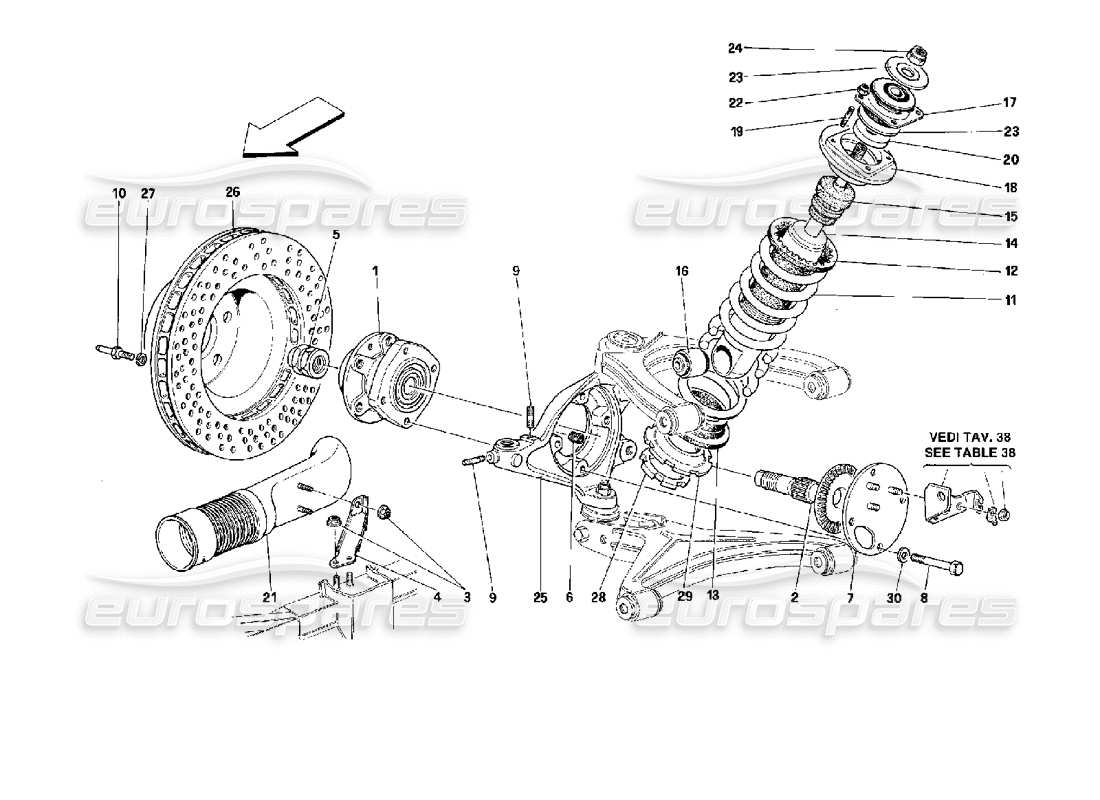 ferrari 512 m front suspension - shock absorber and brake disc part diagram