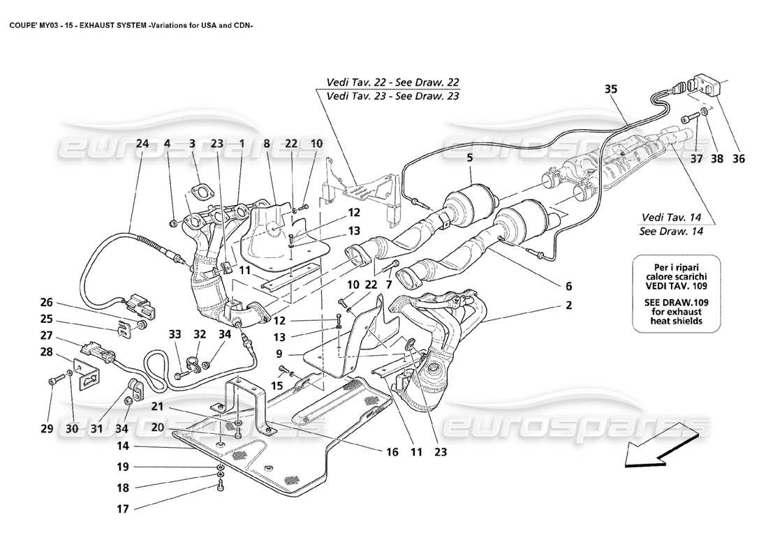 maserati 4200 coupe (2003) exhaust system - variations for usa and cdn part diagram