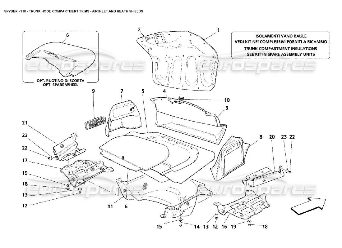 maserati 4200 spyder (2002) trunk hood compartment trims - air inlet and heath shields parts diagram