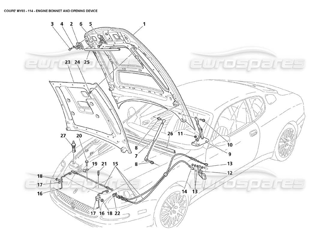 maserati 4200 coupe (2003) engine bonnet and openeing device parts diagram