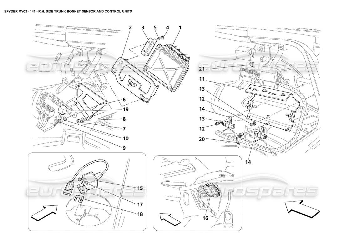 maserati 4200 spyder (2003) rh side trunk bonnet sensor and control units parts diagram
