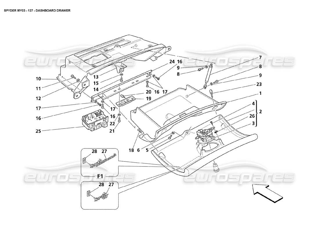 maserati 4200 spyder (2003) dashboard drawer parts diagram