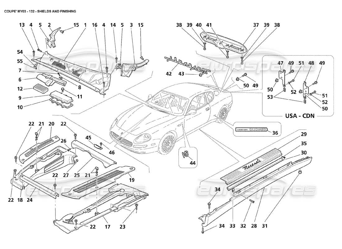 maserati 4200 coupe (2003) shields and finishing part diagram