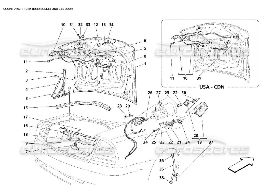 maserati 4200 coupe (2002) trunk hood bonnet and gas door parts diagram