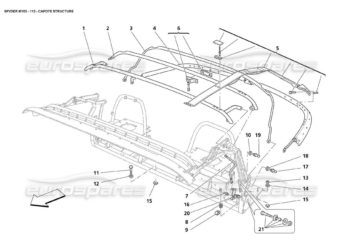 maserati 4200 spyder (2003) capote structure parts diagram