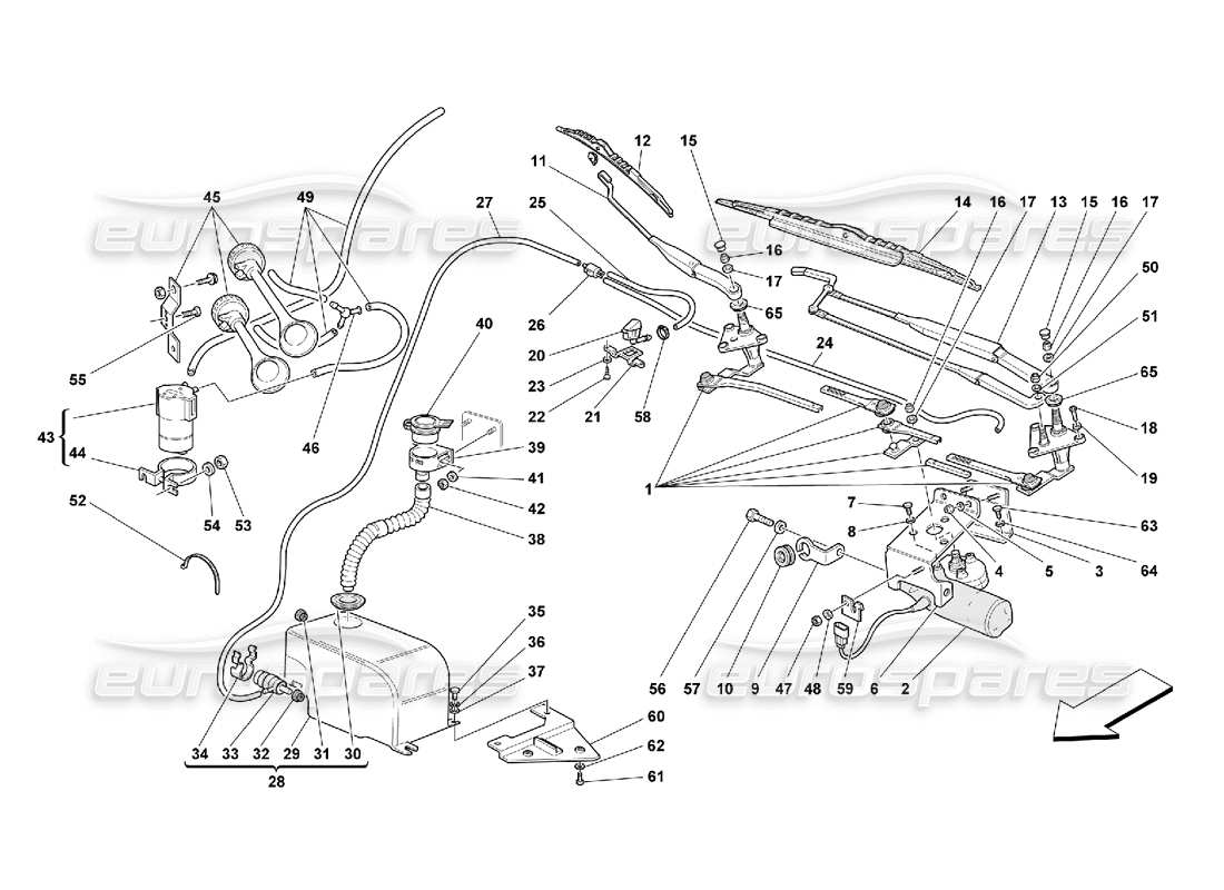 ferrari 550 maranello windscreen wiper, windscreen washer and horns parts diagram