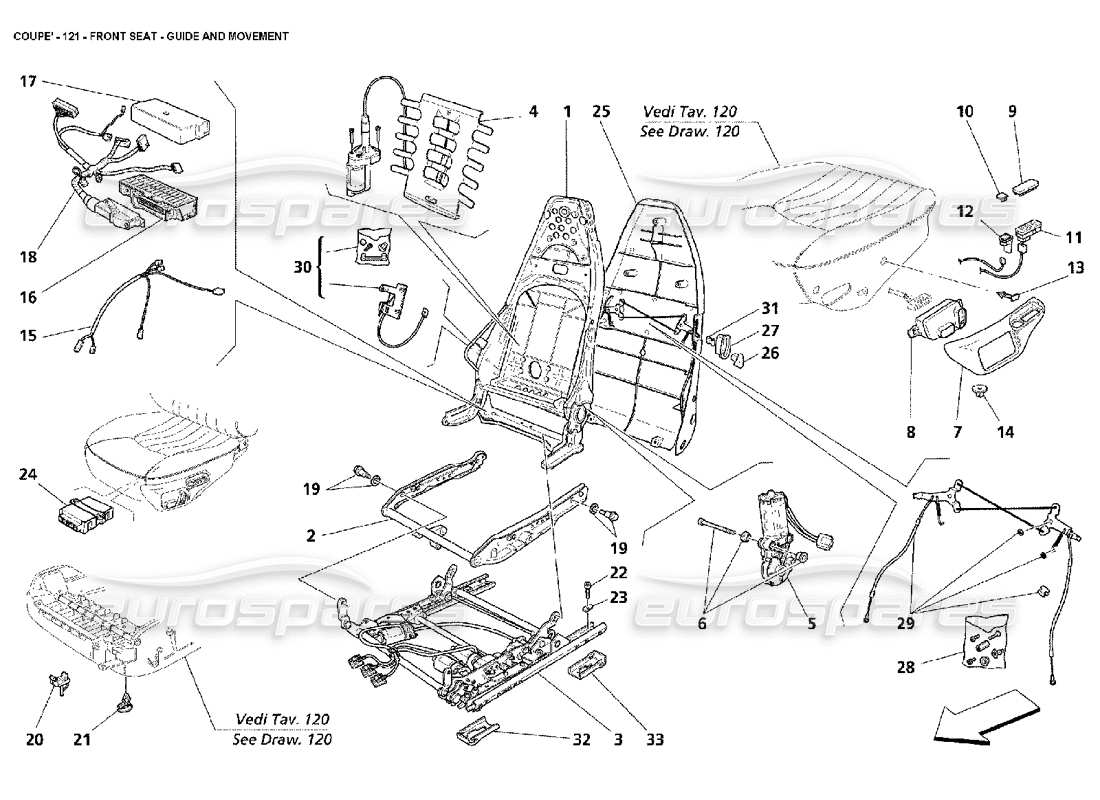 maserati 4200 coupe (2002) front seat - guide and movement part diagram