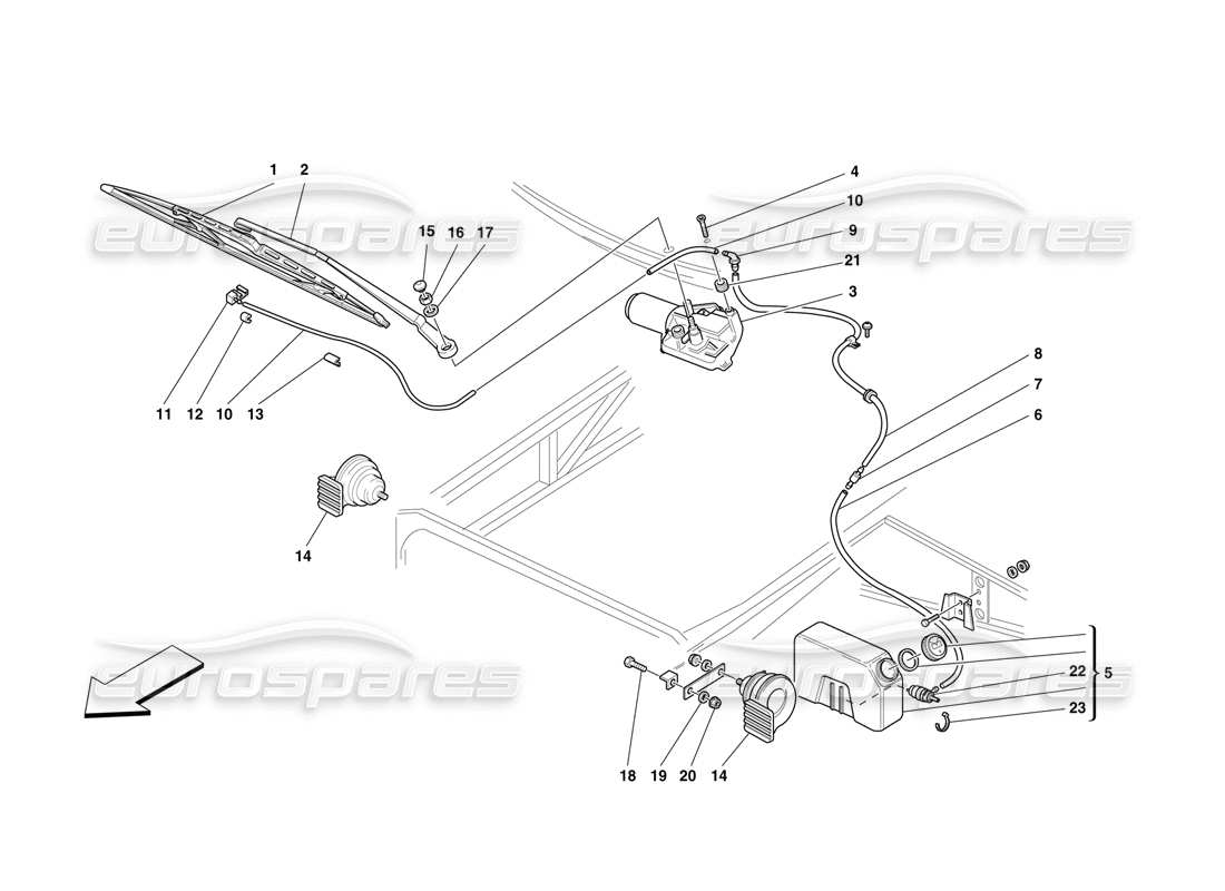 ferrari f50 windshield wiper, windshield wiper container and horns parts diagram