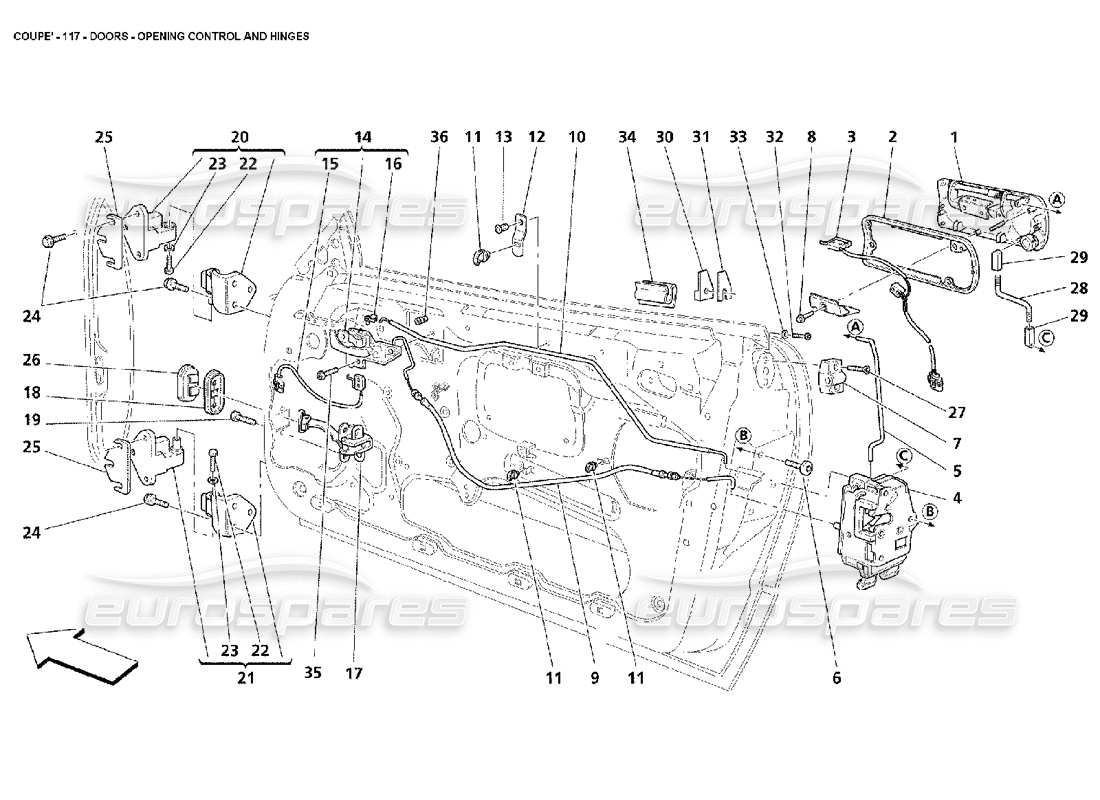 maserati 4200 coupe (2002) doors - opening control and hinges part diagram