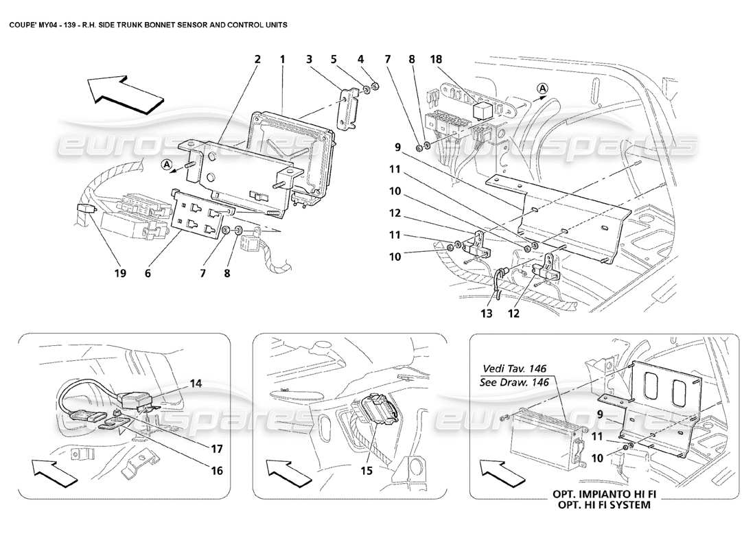 maserati 4200 coupe (2004) rh side trunk bonnet sensor and control units parts diagram